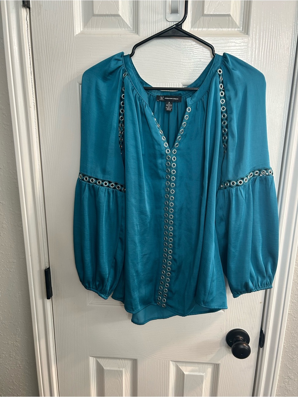 INC Int Concepts Grommet-Trim Peasant Blouse Tahitian Tide Green Medium EUC